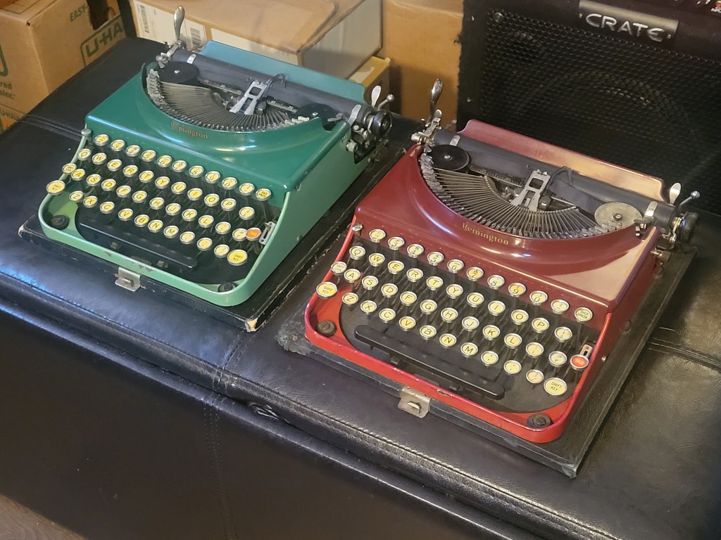Green and red Remington typewriters